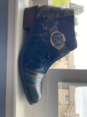 Women’s Navy Ankle Bootie with Multicolor Stitching